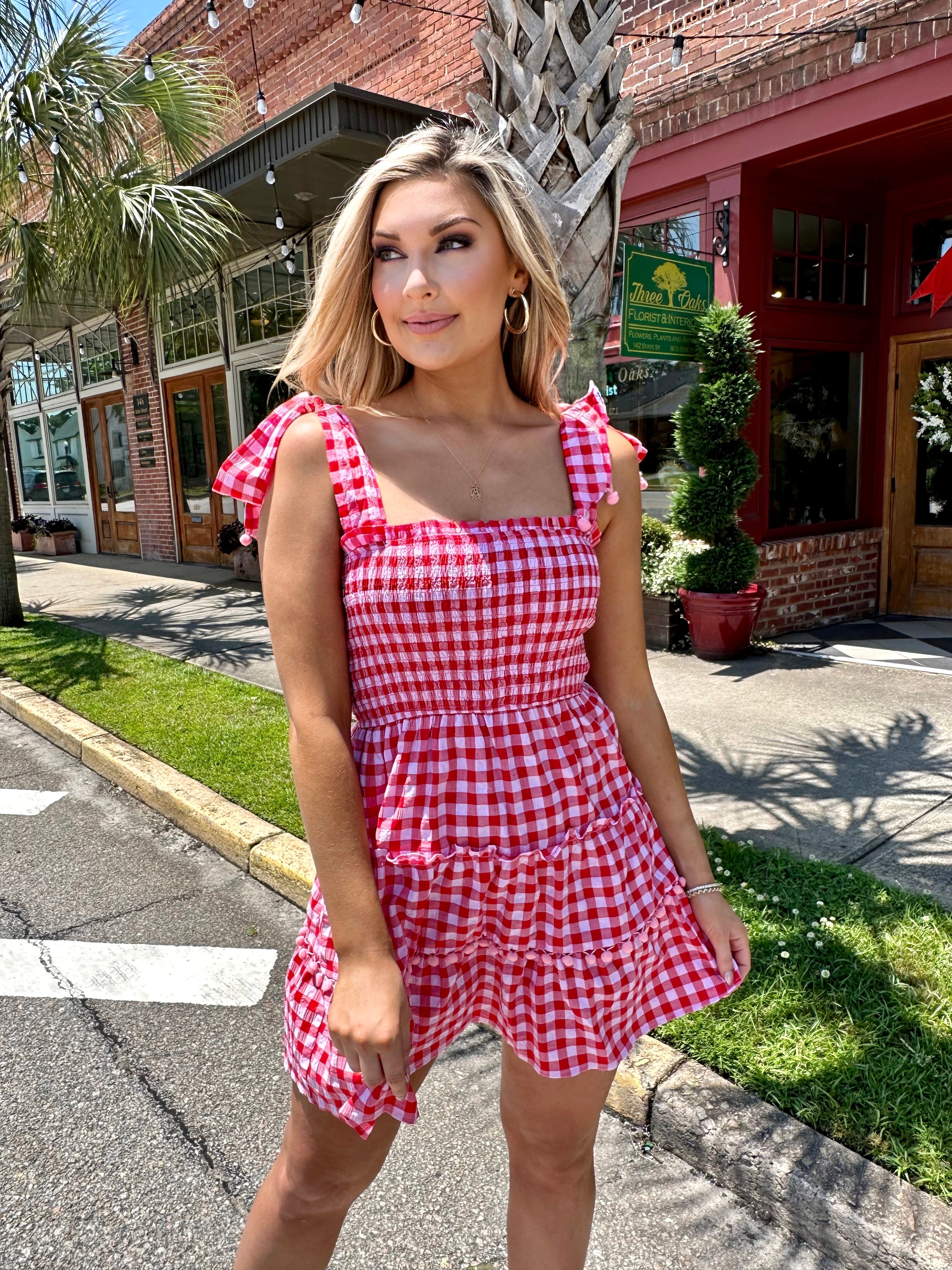 loft red gingham dress Amy Lynn Alexa tie shoulder puffball midi dress in red gingham