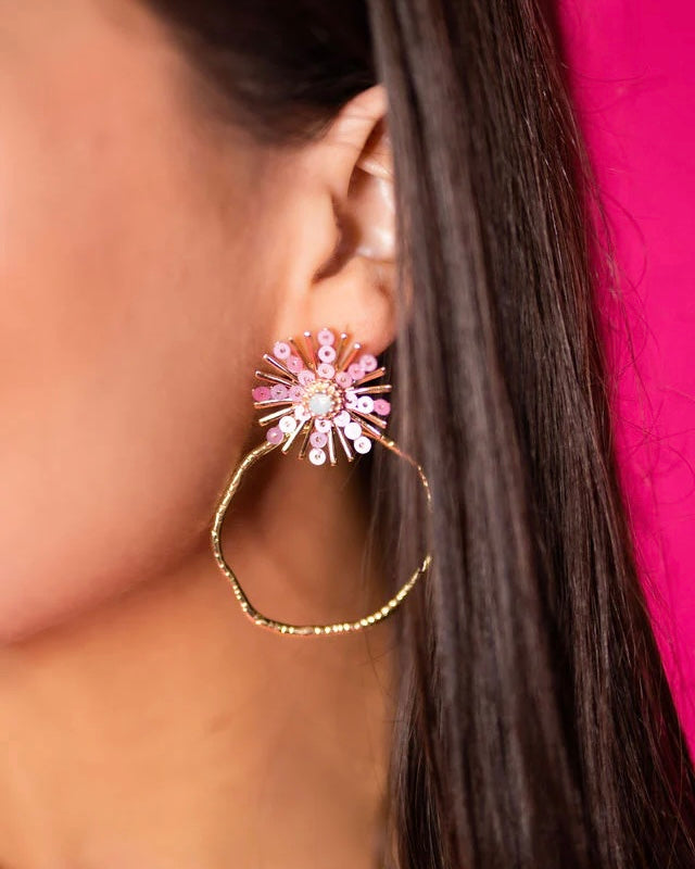 Pink Sequin Sunburst Round Hoop Earrings