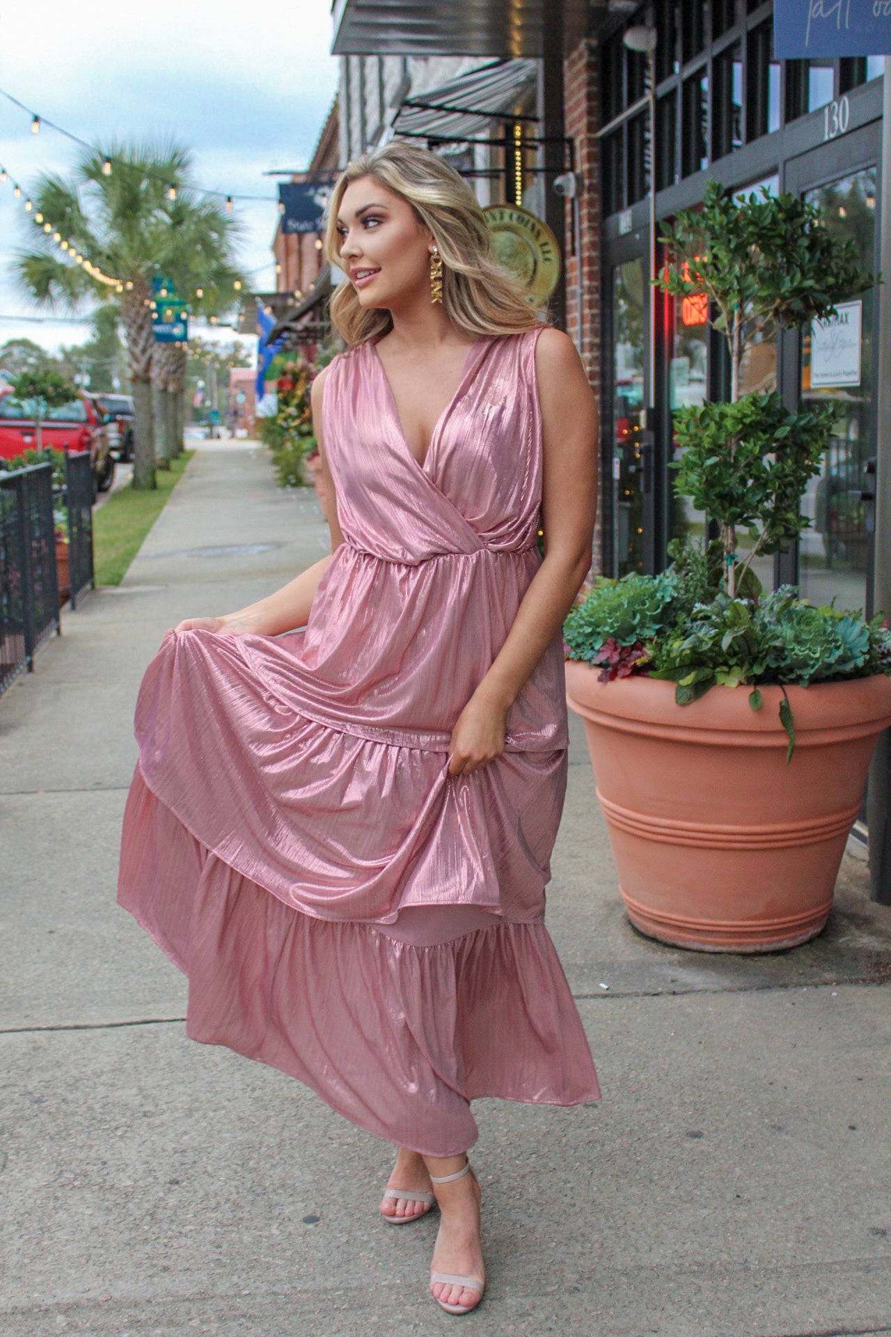 Glamorous Statement Rose Gold Tiered Maxi Dress  Tall Oaks Boutique