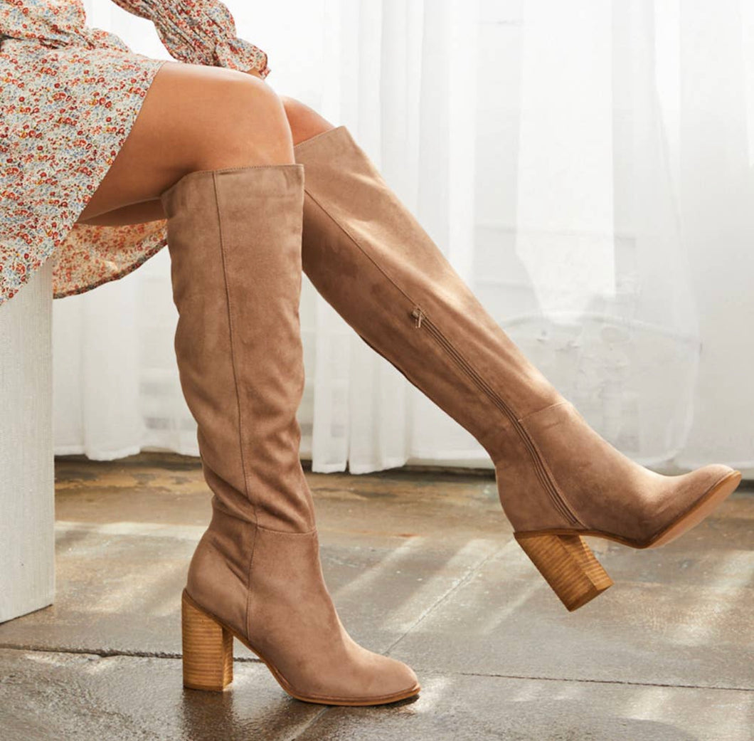 Nicole Knee- High Faux Suede Boots- Taupe