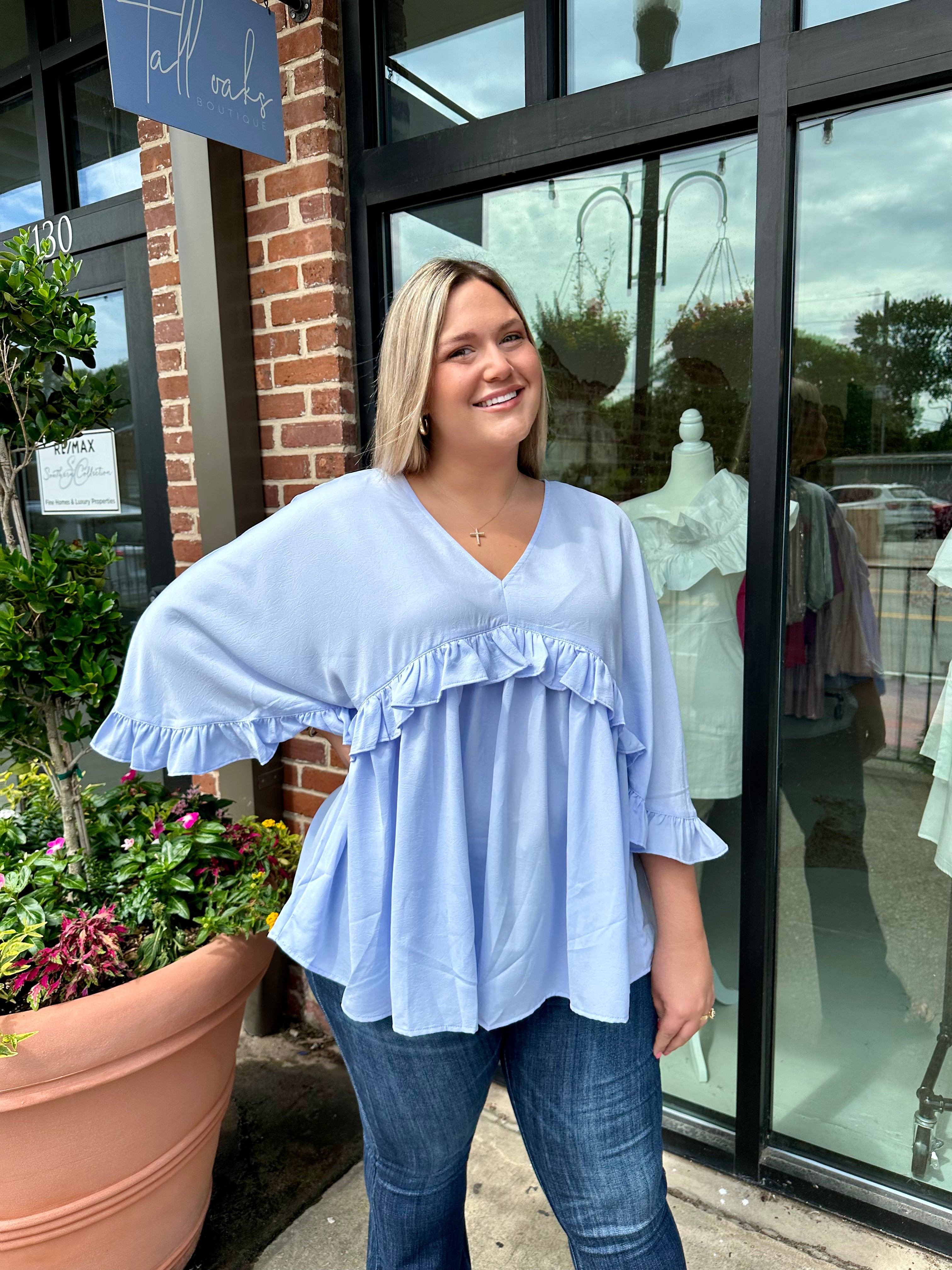Flirt With Fate Blue Ruffle Blouse – Tall Oaks Boutique