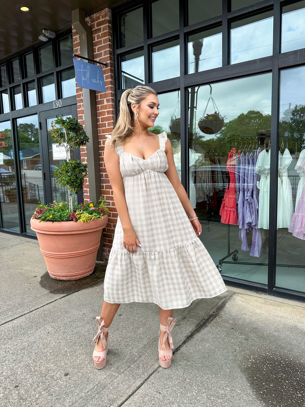 Right About You Tan Gingham Midi Dress