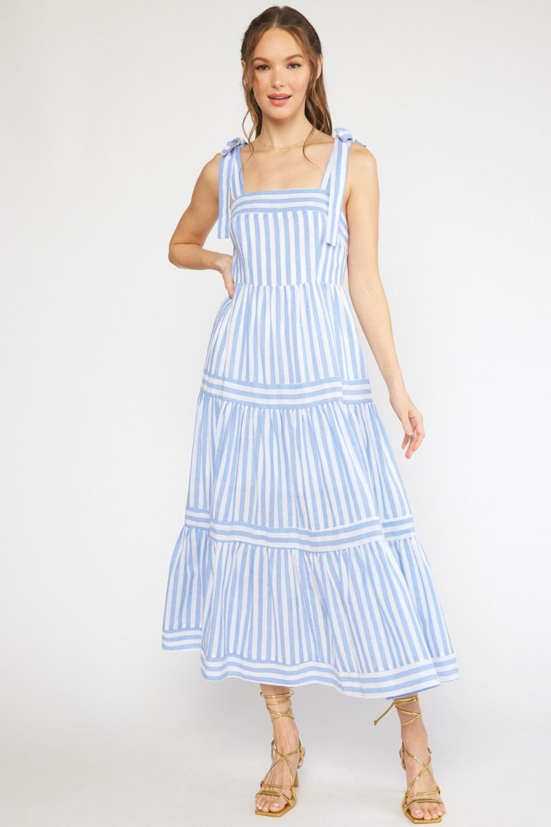 Vacay Getaway Striped Midi Dress- Blue