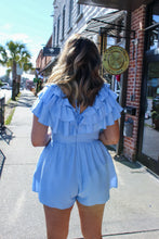 Load image into Gallery viewer, Play Hard To Get Ruffle Romper- Blue
