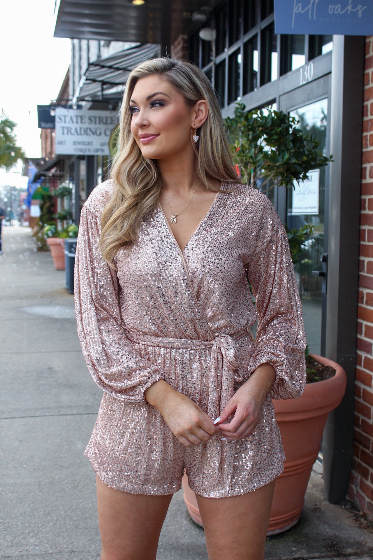 Beautiful Things Sequin Romper- Rose Gold Tall Oaks Boutique Beautiful Things Sequin Romper- Rose Gold Tall Oaks Boutique
