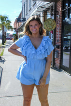 Load image into Gallery viewer, Play Hard To Get Ruffle Romper- Blue
