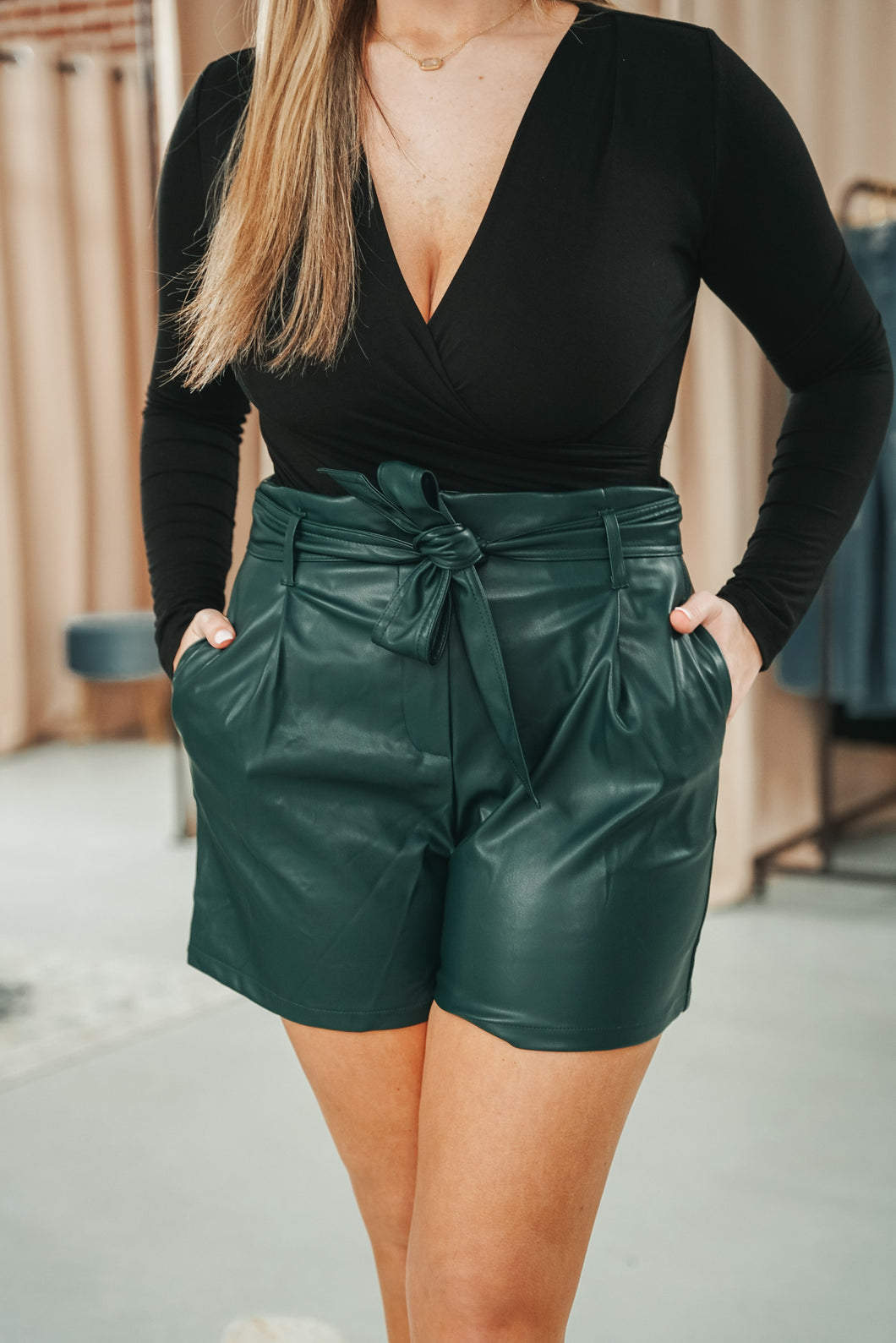 See You At The Cocktail Green Faux Leather Shorts