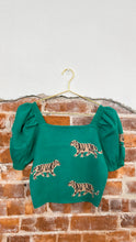 Load image into Gallery viewer, Stay Wild Tiger Sweater Puff Sleeve Top- Green
