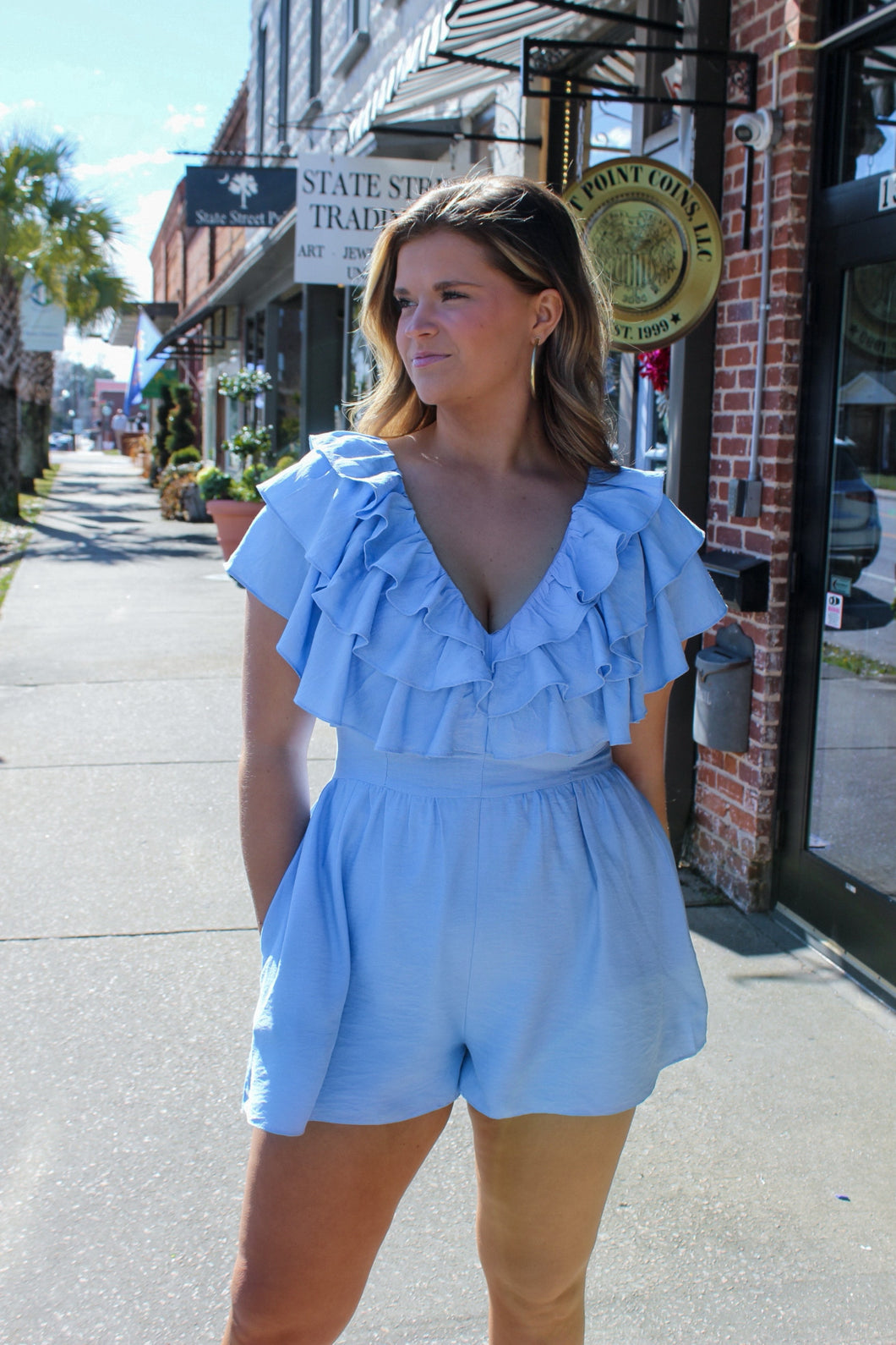 Play Hard To Get Ruffle Romper- Blue